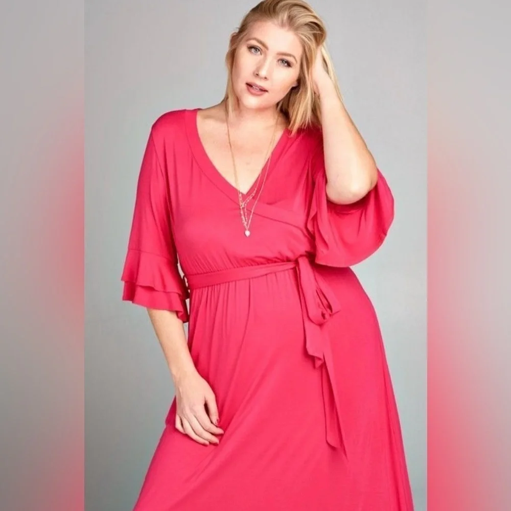 New!Plus Size Solid Jersey Knit Maxi Dress with Faux Sizes 1X 2X 3X Made…